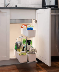 Heavy duty cleaningagent under sink organizer chrome steel and white sliding pull out base cabinet storage removable carrying caddy dishwasher safe easy install
