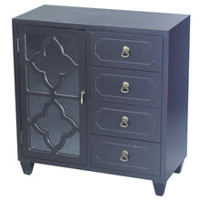 Load image into Gallery viewer, Discover the heather ann creations 4 drawer wooden accent chest and cabinet clover pattern grille with glass backing 30 75h x 29 5w black