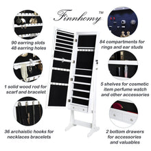Load image into Gallery viewer, Top rated finnhomy lockable mirrored jewelry armoire storage organizer free standing makeup cabinet holder w led light stand for ring necklace earring cosmetics broach bracelet white