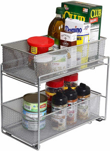 Discover the ybm home silver 2 tier mesh sliding spice and sauces basket cabinet organizer drawer 2304