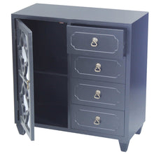 Load image into Gallery viewer, Discover heather ann creations 4 drawer wooden accent chest and cabinet clover pattern grille with glass backing 30 75h x 29 5w black